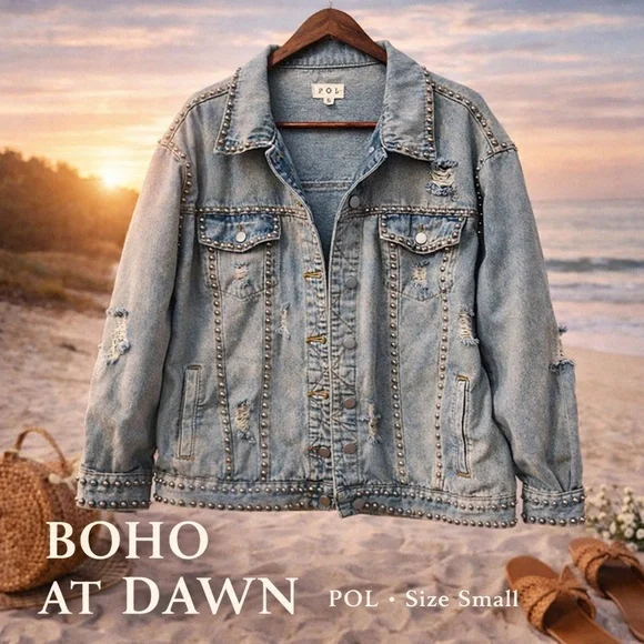 POL Studded Distressed Denim Jacket | Boho at Dawn | Size Small 🌅 - Picture 3 of 11